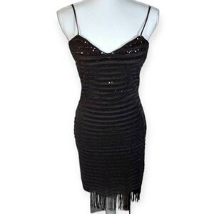MONACO USA BLACK BEADED FRINGE BODYCON DRESS SZ.M EUC.